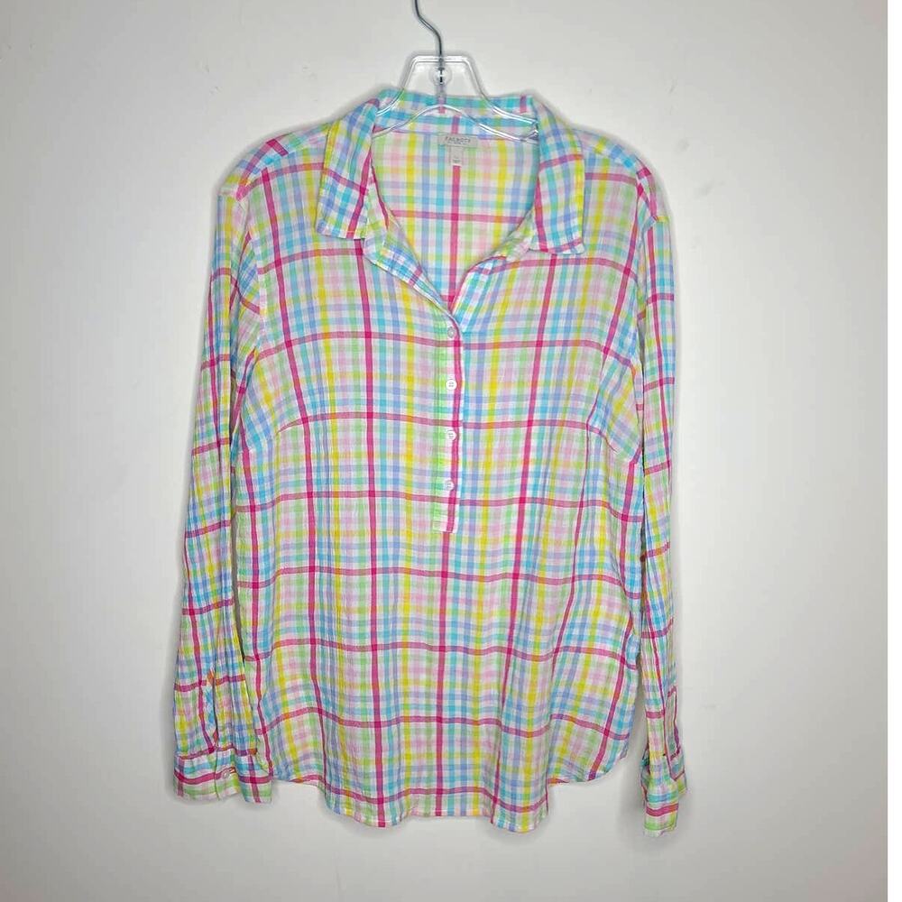 Talbots gauzy cotton rainbow plaid long sleeve button down shirt - large petite